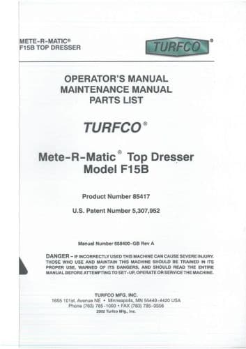 TurfCo Mete-R-Matic Top Dresser F15B Operators Manual and Spare Parts List
