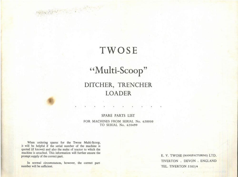 Twose Multi-Scoop Ditcher Trencher Loader Parts Manual Parts Manual
