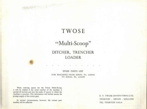 Twose 'Multi-Scoop'  Ditcher, Trencher Loader Parts Manual Parts Manual