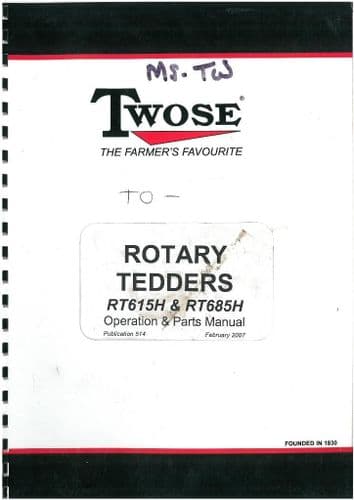 Twose Rotary Tedder RT615H & RT685H Operators Manual with Parts List