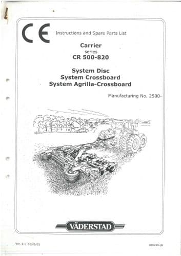 Vaderstad  Carrier CR500 - 820,  System Disc, System Crossboard - Operators Manual with Parts List