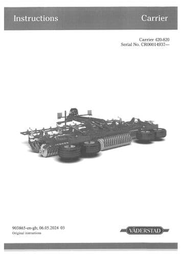 Vaderstad Carrier Seed Drill CR420 CR500 CR650 CR820 Operators Manual