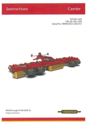 Vaderstad Carrier Seed Drill CR925 CR1225 CRXL925 CRXL1225 Operators Manual