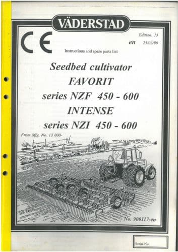 Vaderstad Cultivator Favorit NZF450 NZF500 NZF600 & Intense NZI450 NZI500 NZI600 Operators Manual