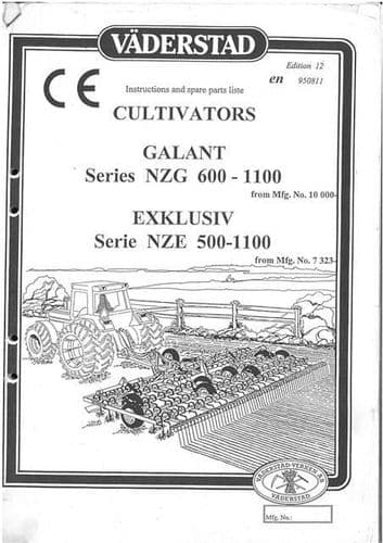 Vaderstad Cultivator Galant NZG 500 600 700 800 900 1000 1100 Exklusiv NZE Operators Manual