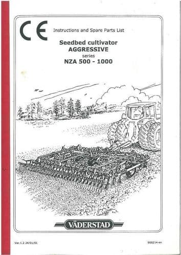 Vaderstad Cultivator NZA500 NZA600 NZA700 NZA800 NZA900 NZA1000 Operators Manual and Parts List