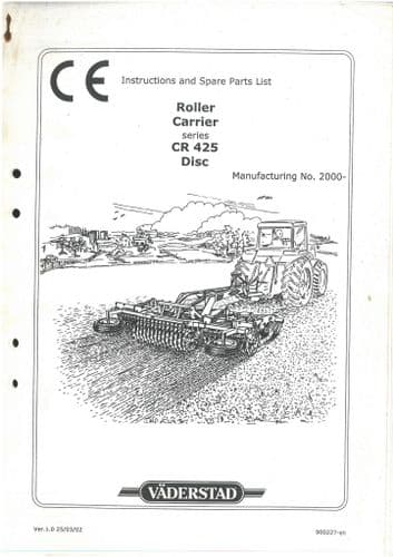 Vaderstad Roller Carrier CR425 Disc Operators Manual with Parts List - CR 425
