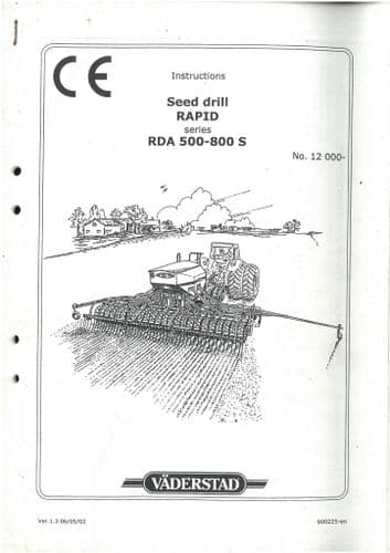 Vaderstad Seed Drill Rapid Series RDA500S RDA600S RDA800S Operators Manual RDA 500 600 800 S
