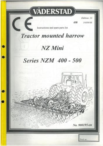 Vaderstad Tractor Mounted Harrow NZ Mini Series NZM 400 - 500 Operators Manual with Parts List