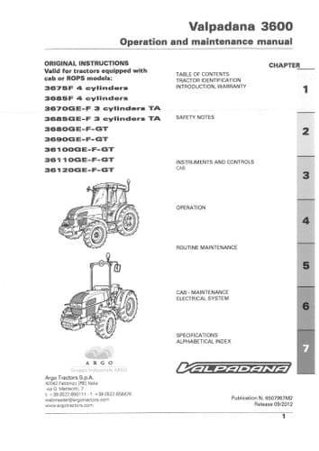 Valpadana Tractor 3675F 3685F 3670GEF 3680GEFGT 3690GEFGT 36100GEFGT 36110GE5GT Operators Manual