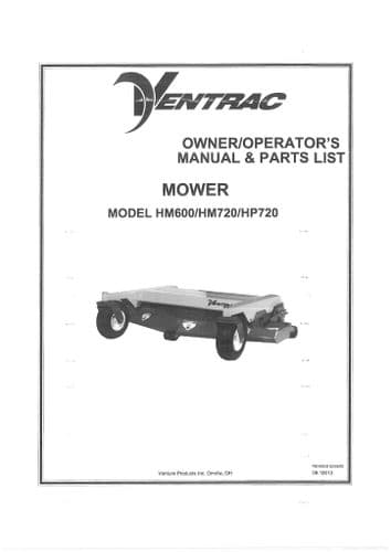 Ventrac Mower Deck HM600 HM720 HP720 Operators Manual and Parts List
