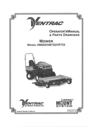 Ventrac Mower HM602 HM722 HP722 Operators Manaul and Parts List