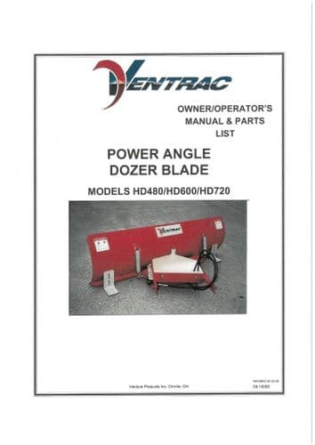 Ventrac Power Angle Dozer Balde HD480 HD600 HD720 Operators Manual and Spare Parts List