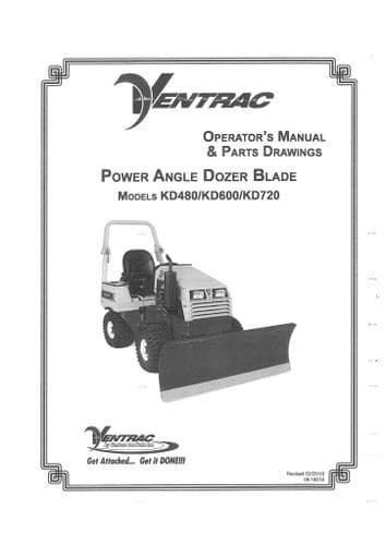 Ventrac Power Angle Dozer Blade KD480 KD600 KD720 Operators Manual and Parts List