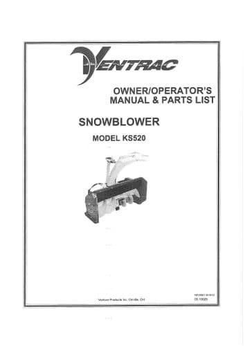 Ventrac Snow Blower KS520 Operators Manual and Parts List