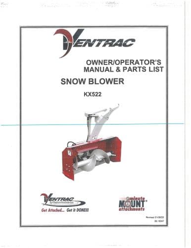 Ventrac Snow Blower KX522 Operators Manual and Parts List