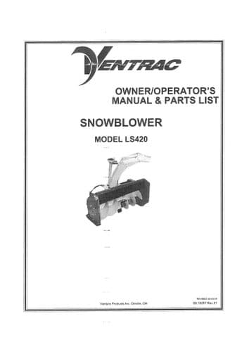 Ventrac Snow Blower LS420 Operators Manual and Parts List