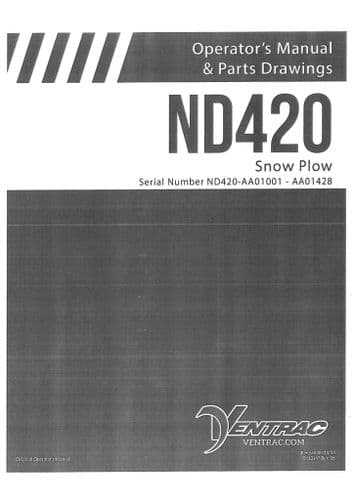 Ventrac Snow Plough Plow ND420 Operators Manual and Parts List