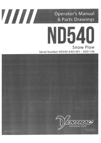 Ventrac Snow Plough Plow ND540 Operators Manual and Parts List