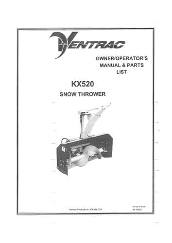 Ventrac Snow Thrower KX520 Operators Manual and Parts Manual
