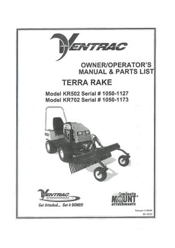 Ventrac Terra Rake KR502 & KR702 Operators Manual and Parts List