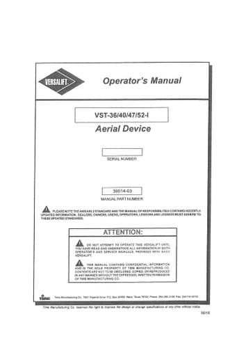 Versalift Aerial Device Cherry Picker VST36 VST40 VST47 VST52-I Operators Manual