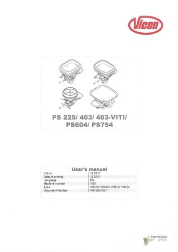Vicon Fertiliser Spreader PS225 PS403 PS403-VITI PS604 PS754 Operators Manual