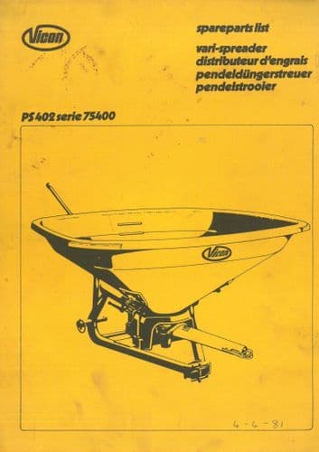 Vicon Fertiliser Vari Spreader PS 402 Parts Manual - 402