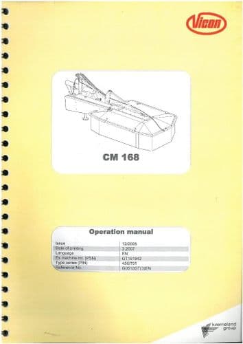 Vicon Kverneland Mower CM 168 Operators Manual - CM168