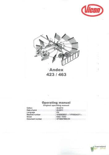 Vicon Windrower Andex 423 / 463 Operators Manual