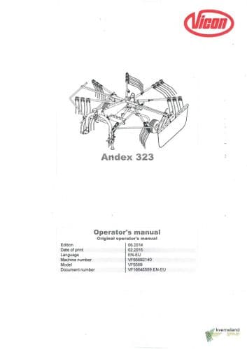 Vicon Windrower Rake Andex 323 Operators Manual