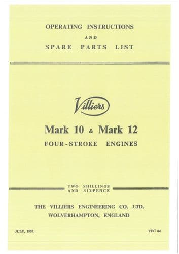 Villiers Four Stroke Engine Mark 10  Mark 12  Operators Manual with Parts List - MK10 MK12
