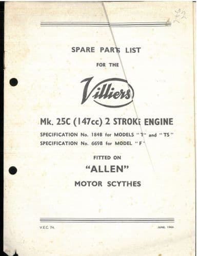 Villiers Mk 25C Two Stroke Engine - Models T TS F Parts Manual - Fitted On Allen Motor Scythe