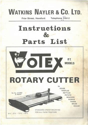 Votex Rotarty Cutter Pasture Topper PT Models 2, 3, 4 & 5 Operators Manual with Parts List  ORIGINAL