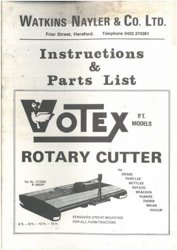 Watkins Nayler Rotary Grass Cutters Votex PT2 PT3 PT4 PT5 Operators Manual and Spare Parts List