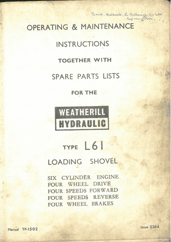 Weatherill  Hydaulic Loading Shovel L61 Operators Manual including Parts List