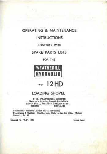 Weatherill Loading ShovelL 12HD Operators Manual & Parts List 12HD