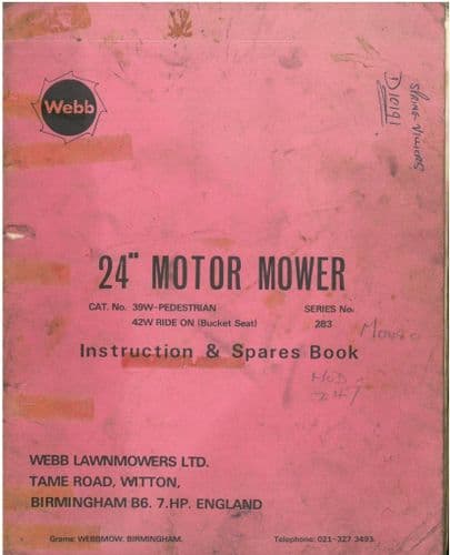 Webb Power Motor Mower 24" 24 Inch Operators Manual and Spare Parts List