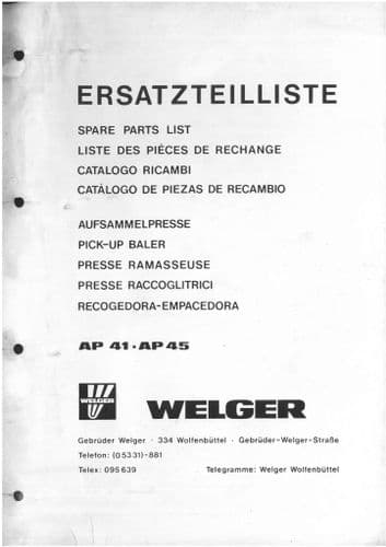 Welger Baler AP41 & AP45 Parts Manual