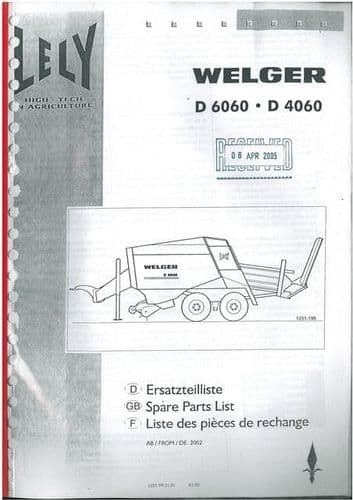Welger Baler D4060 D6060 Parts Manual - D 4060 6060