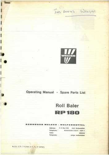 Welger Roll Baler RP180 Operators Manual & Parts List - RP 180