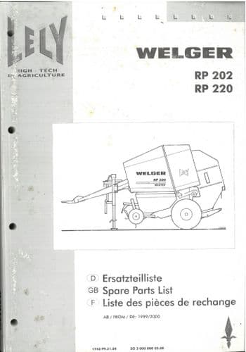 Welger Round Baler RP202 & RP220 Parts Manual - ORIGINAL