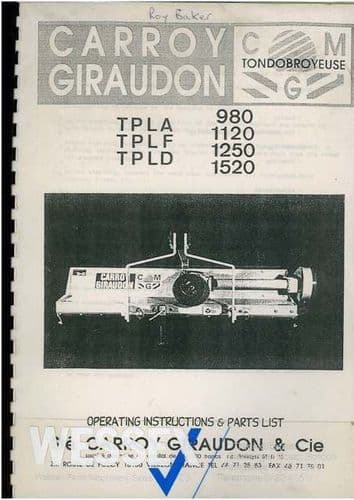 Wessex Carroy Giraudon Flail Mower TPLA TPLF TPLD 980 1120 1250 1520 Operators Manual c/w Parts List