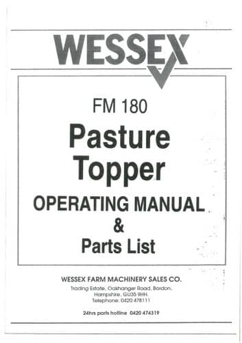 Wessex Pasture Topper FM180 Operators Manual with Parts List FM 180