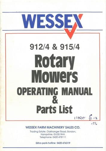 Wessex Rotary Mower 912/4 & 915/4 Operators Manual with Parts List