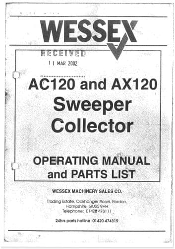 Wessex Sweeper Collector AC120 & AX120 for Quad Bike (ATV) Operators Manual with Parts List