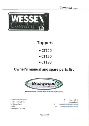 Wessex Topper CT120 CT150 CT180 Operators Manual with Parts List CT 120 150 180