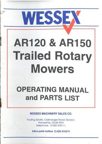 Wessex Trailed Rotary Mower AR120 AR150 Operators Manual with Parts List