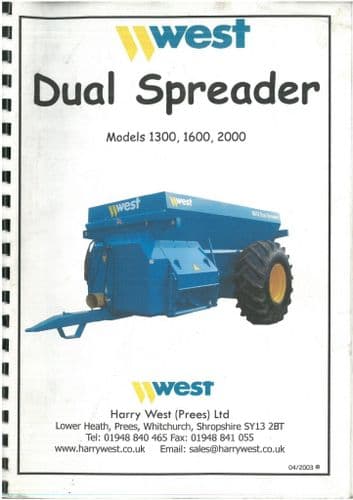 West Dual Manure Muck Spreader - Models 1300, 1600, 2000 Operators Manual with Parts List