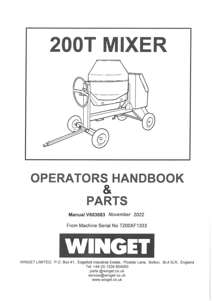 Winget Concrete Mixer 200T Operators Manual and Parts list